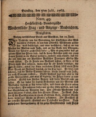 Hochfürstlich-Bambergische wochentliche Frag- und Anzeigenachrichten Dienstag 5. Juli 1768