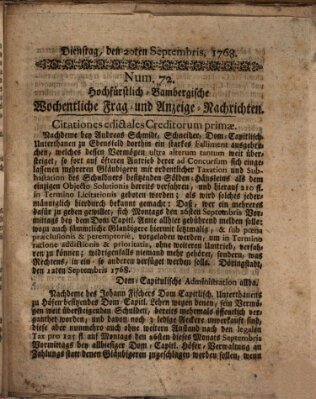 Hochfürstlich-Bambergische wochentliche Frag- und Anzeigenachrichten Dienstag 20. September 1768