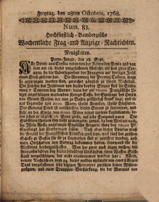 Hochfürstlich-Bambergische wochentliche Frag- und Anzeigenachrichten Freitag 28. Oktober 1768