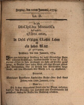 Hochfürstlich-Bambergische wochentliche Frag- und Anzeigenachrichten Freitag 21. Januar 1774