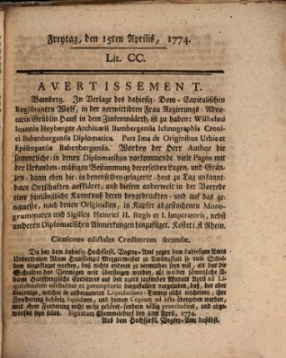 Hochfürstlich-Bambergische wochentliche Frag- und Anzeigenachrichten Freitag 15. April 1774