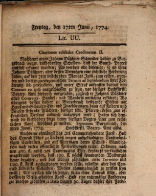 Hochfürstlich-Bambergische wochentliche Frag- und Anzeigenachrichten Freitag 17. Juni 1774