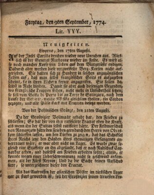 Hochfürstlich-Bambergische wochentliche Frag- und Anzeigenachrichten Freitag 9. September 1774