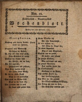 Hochfürstlich-Bambergische wochentliche Frag- und Anzeigenachrichten Freitag 14. Februar 1783