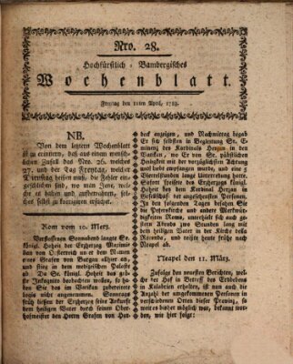 Hochfürstlich-Bambergische wochentliche Frag- und Anzeigenachrichten Freitag 11. April 1783
