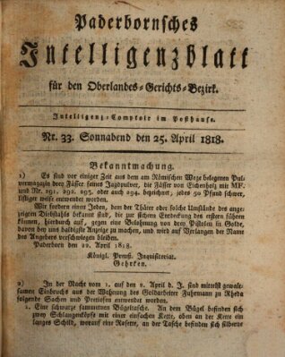 Paderbornsches Intelligenzblatt Samstag 25. April 1818