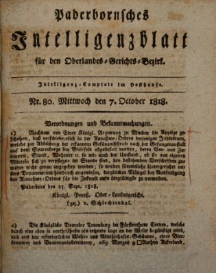 Paderbornsches Intelligenzblatt Mittwoch 7. Oktober 1818