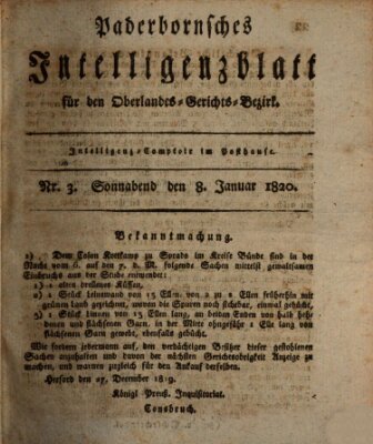 Paderbornsches Intelligenzblatt Samstag 8. Januar 1820
