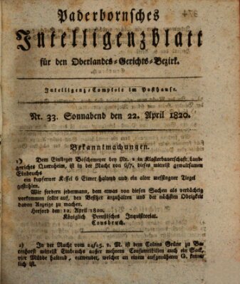 Paderbornsches Intelligenzblatt Samstag 22. April 1820