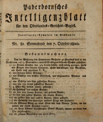 Paderbornsches Intelligenzblatt Samstag 7. Oktober 1820