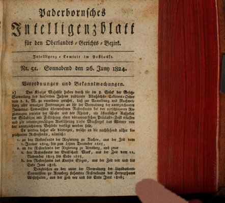 Paderbornsches Intelligenzblatt Samstag 26. Juni 1824