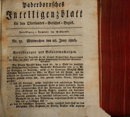 Paderbornsches Intelligenzblatt Mittwoch 28. Juni 1826