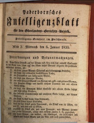 Paderbornsches Intelligenzblatt Mittwoch 6. Januar 1830