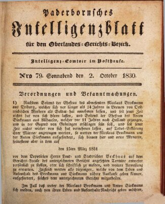 Paderbornsches Intelligenzblatt Samstag 2. Oktober 1830