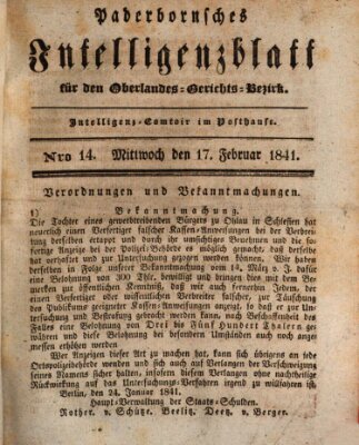 Paderbornsches Intelligenzblatt Mittwoch 17. Februar 1841