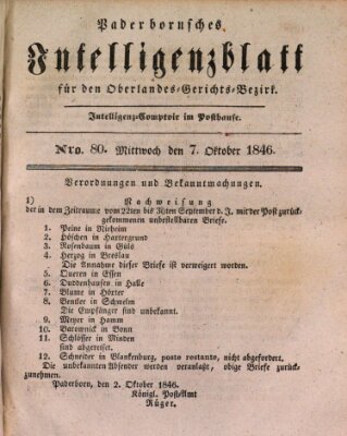 Paderbornsches Intelligenzblatt Mittwoch 7. Oktober 1846