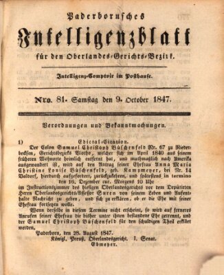 Paderbornsches Intelligenzblatt Samstag 9. Oktober 1847