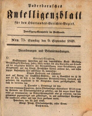 Paderbornsches Intelligenzblatt Samstag 9. September 1848