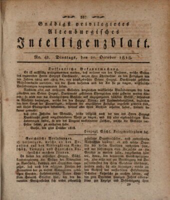 Gnädigst privilegiertes Altenburgisches Intelligenzblatt Dienstag 20. Oktober 1818