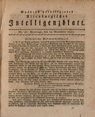 Gnädigst privilegiertes Altenburgisches Intelligenzblatt Dienstag 14. November 1820