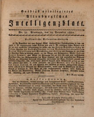 Gnädigst privilegiertes Altenburgisches Intelligenzblatt Dienstag 19. Dezember 1820