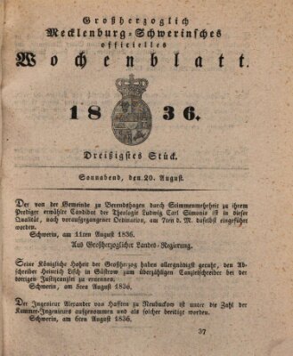 Großherzoglich-Mecklenburg-Schwerinsches officielles Wochenblatt Samstag 20. August 1836