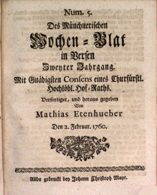 Münchnerisches Wochen-Blat in Versen Samstag 2. Februar 1760
