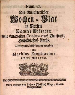 Münchnerisches Wochen-Blat in Versen Samstag 26. Juli 1760