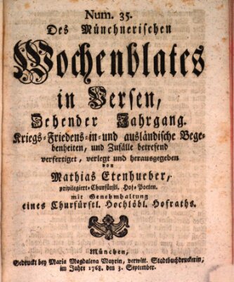 Münchnerisches Wochen-Blat in Versen Samstag 3. September 1768