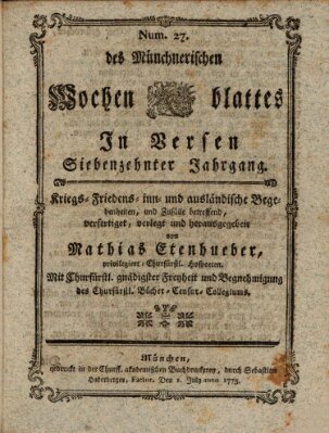 Münchnerisches Wochen-Blat in Versen Samstag 1. Juli 1775