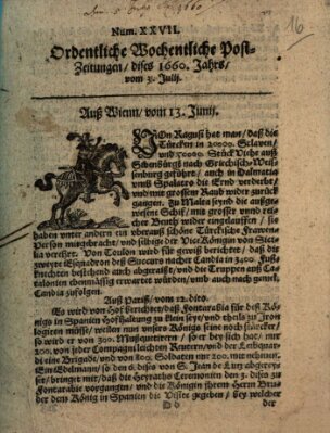 Ordentliche wochentliche Post-Zeitungen Samstag 3. Juli 1660