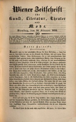 Wiener Zeitschrift für Kunst, Literatur, Theater und Mode Dienstag 16. Februar 1836