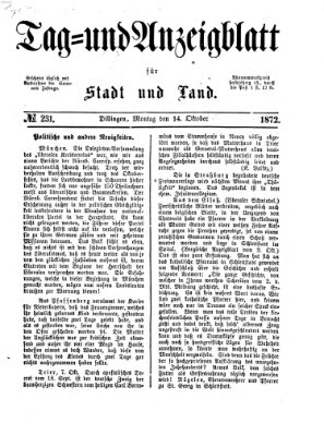 Tag- und Anzeigblatt für Stadt und Land (Tagblatt für die Städte Dillingen, Lauingen, Höchstädt, Wertingen und Gundelfingen) Montag 14. Oktober 1872