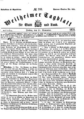 Weilheimer Tagblatt für Stadt und Land Freitag 21. November 1873