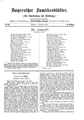 Bayreuther Familienblätter (Bayreuther Anzeiger) Montag 1. Dezember 1873