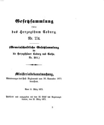 Gesetz-Sammlung für das Herzogtum Coburg (Coburger Regierungs-Blatt) Samstag 22. März 1873