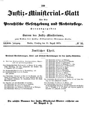 Justiz-Ministerialblatt für die preußische Gesetzgebung und Rechtspflege Dienstag 15. August 1871