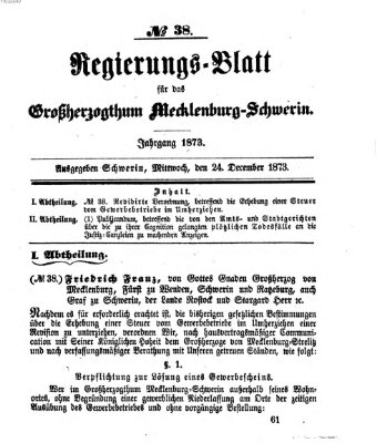Regierungsblatt für Mecklenburg-Schwerin (Großherzoglich-Mecklenburg-Schwerinsches officielles Wochenblatt) Mittwoch 24. Dezember 1873