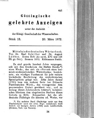 Göttingische gelehrte Anzeigen (Göttingische Zeitungen von gelehrten Sachen) Mittwoch 20. März 1872