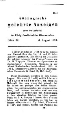 Göttingische gelehrte Anzeigen (Göttingische Zeitungen von gelehrten Sachen) Mittwoch 6. August 1873