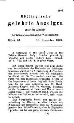 Göttingische gelehrte Anzeigen (Göttingische Zeitungen von gelehrten Sachen) Mittwoch 12. November 1873