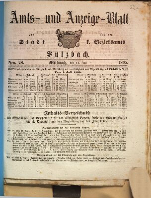 Amts- und Anzeigeblatt der Stadt und des K. Bezirksamts Sulzbach (Sulzbacher Wochenblatt) Mittwoch 12. Juli 1865