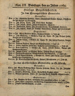 Regensburgisches Diarium oder wöchentliche Frag- und Anzeige-Nachrichten (Regensburger Wochenblatt) Dienstag 20. Juli 1762