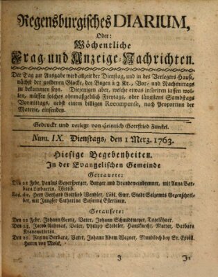 Regensburgisches Diarium oder wöchentliche Frag- und Anzeige-Nachrichten (Regensburger Wochenblatt) Dienstag 1. März 1763