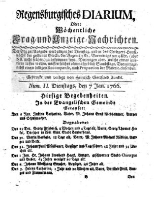 Regensburgisches Diarium oder wöchentliche Frag- und Anzeige-Nachrichten (Regensburger Wochenblatt) Dienstag 7. Januar 1766