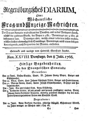 Regensburgisches Diarium oder wöchentliche Frag- und Anzeige-Nachrichten (Regensburger Wochenblatt) Dienstag 8. Juli 1766