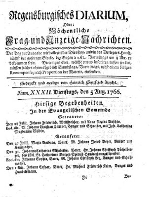 Regensburgisches Diarium oder wöchentliche Frag- und Anzeige-Nachrichten (Regensburger Wochenblatt) Dienstag 5. August 1766