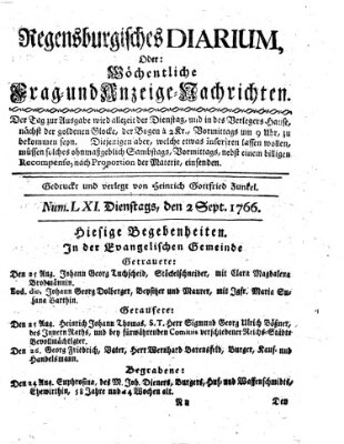 Regensburgisches Diarium oder wöchentliche Frag- und Anzeige-Nachrichten (Regensburger Wochenblatt) Dienstag 2. September 1766