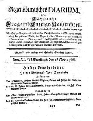 Regensburgisches Diarium oder wöchentliche Frag- und Anzeige-Nachrichten (Regensburger Wochenblatt) Dienstag 18. November 1766