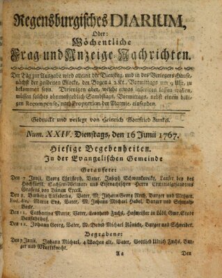 Regensburgisches Diarium oder wöchentliche Frag- und Anzeige-Nachrichten (Regensburger Wochenblatt) Dienstag 16. Juni 1767